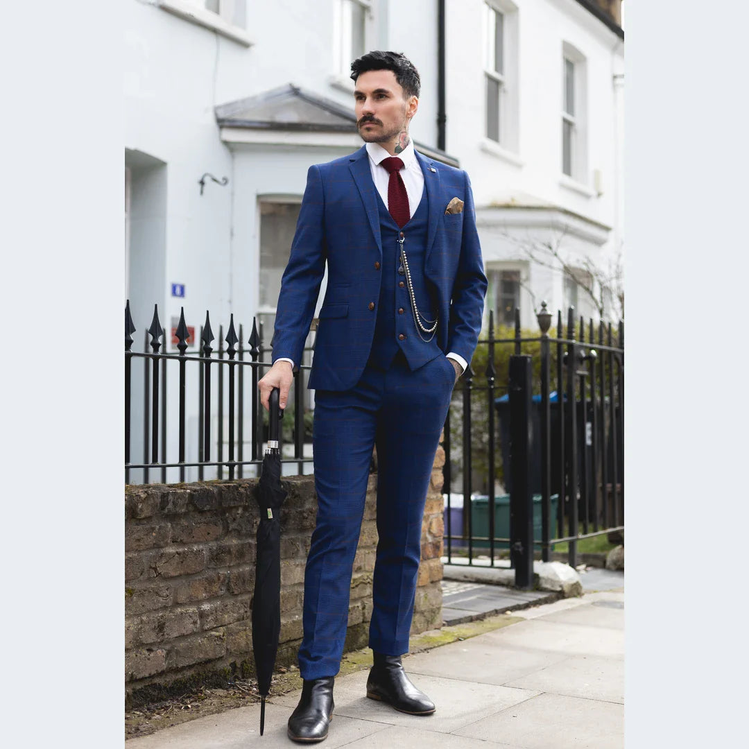 Herre Blå Brun Ternet 3-delt Jakkesæt Skræddersyet Bryllupsgala Races Prince Of Wales