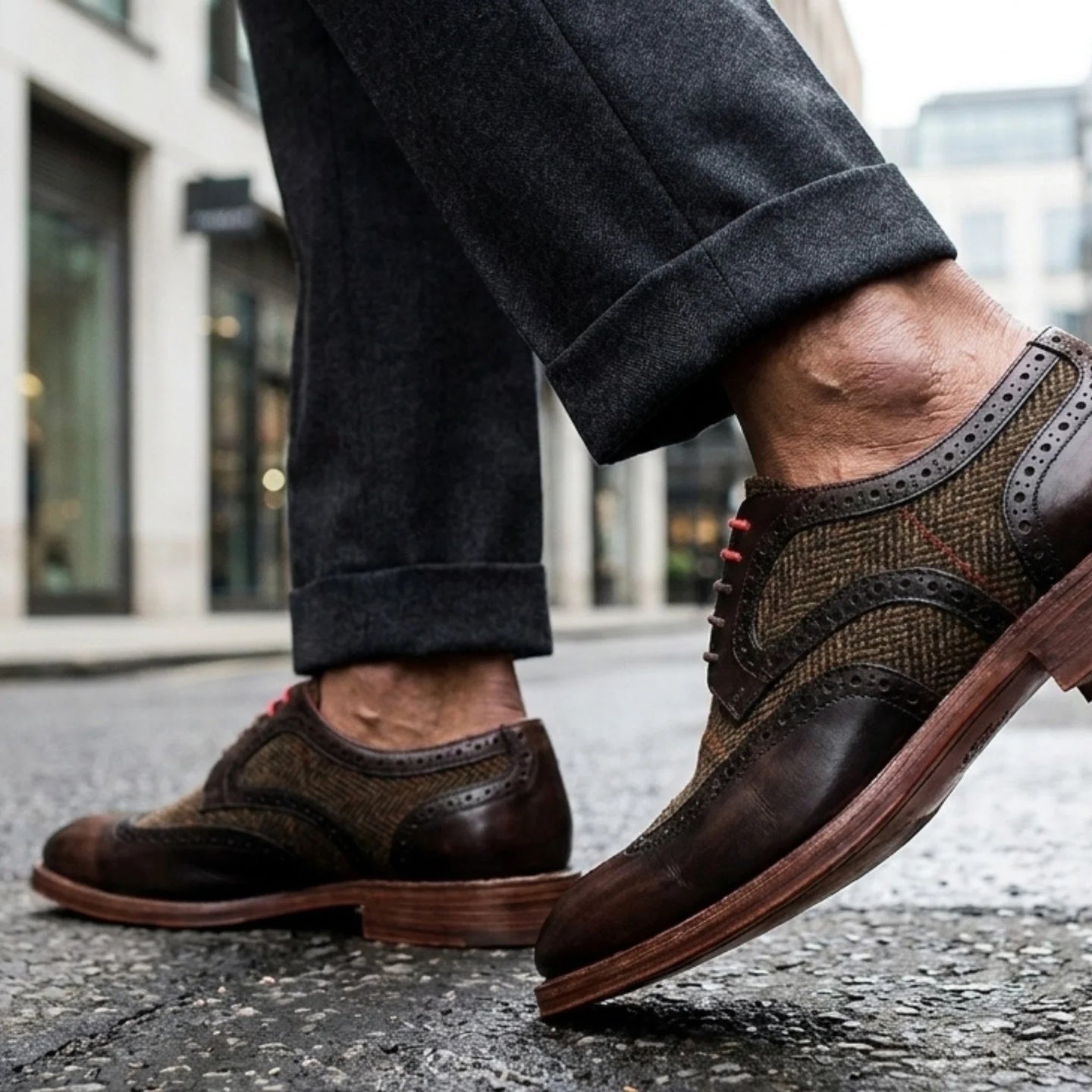 Arlo - Herresko i brunt tweed-læder med brogue-detaljer