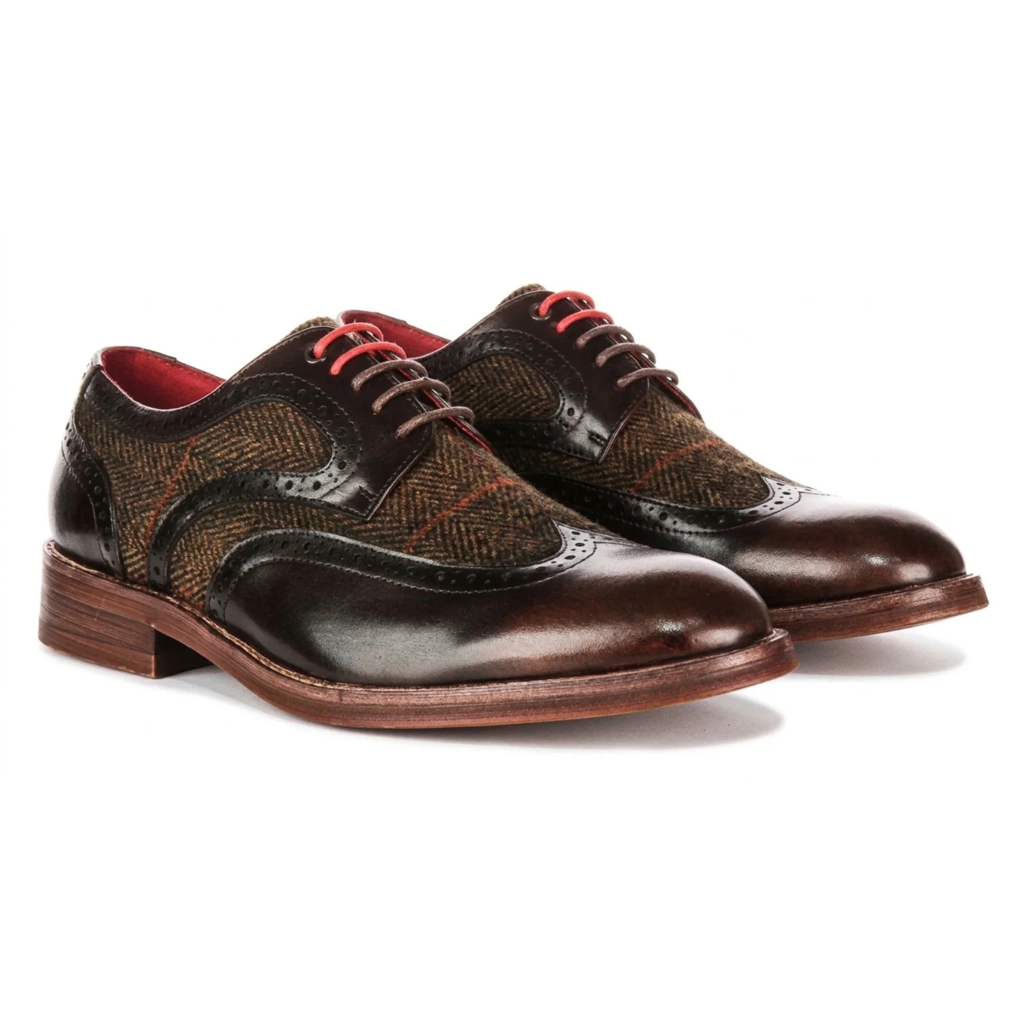 Arlo - Herresko i brunt tweed-læder med brogue-detaljer