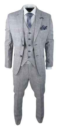 Mens 3 Piece Summer Suit Grey Check Blue Black Tailored Fit Classic Wedding Formal