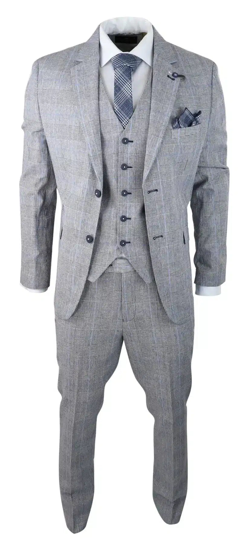 Mens 3 Piece Summer Suit Grey Check Blue Black Tailored Fit Classic Wedding Formal