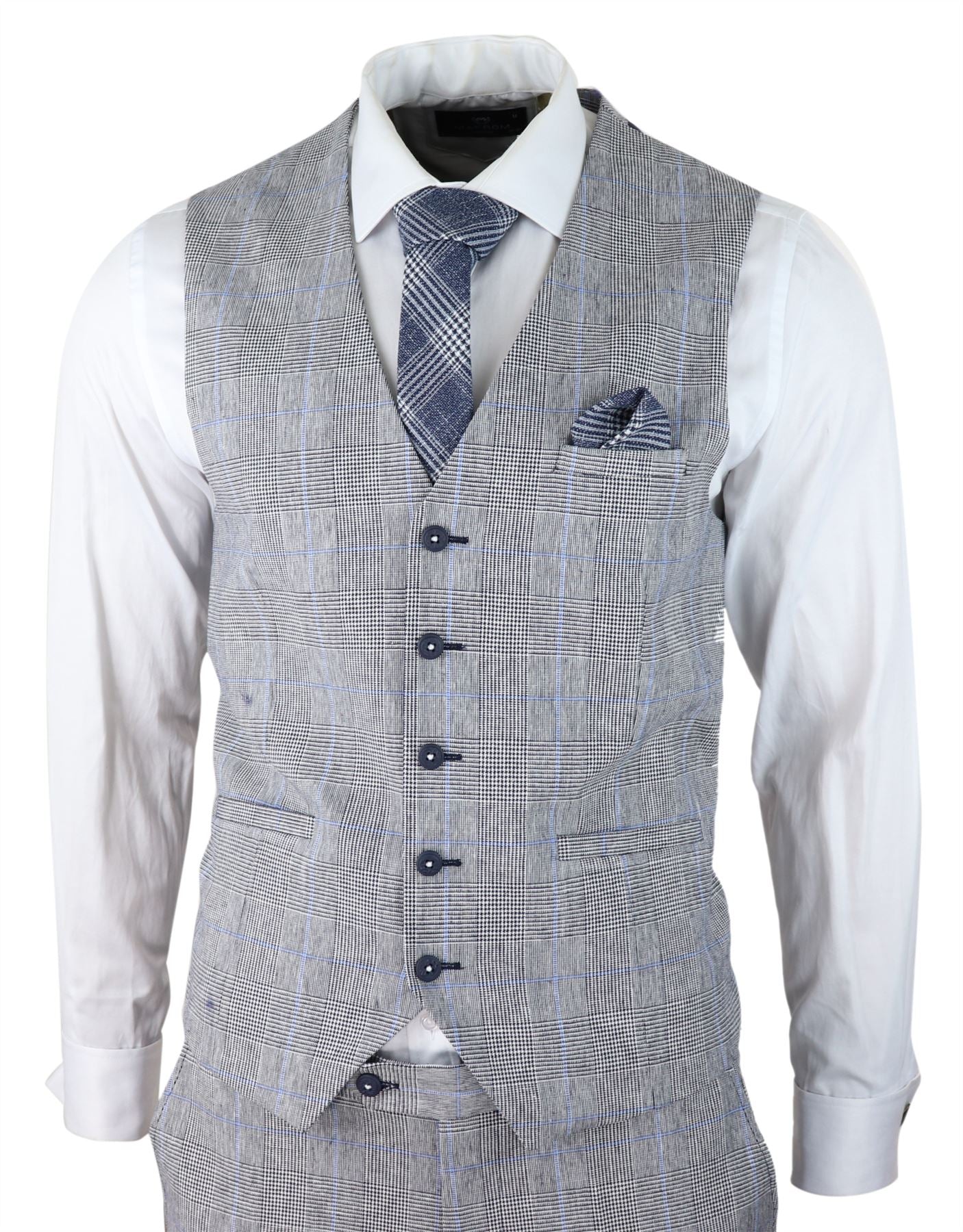 Mens 3 Piece Summer Suit Grey Check Blue Black Tailored Fit Classic Wedding Formal