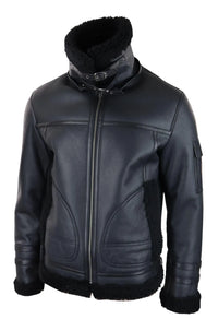 Mens Shearling Sheepskin Coat Zipped Flying Jacket Black Winter Warm Fur