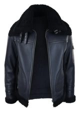 Mens Shearling Sheepskin Coat Zipped Flying Jacket Black Winter Warm Fur
