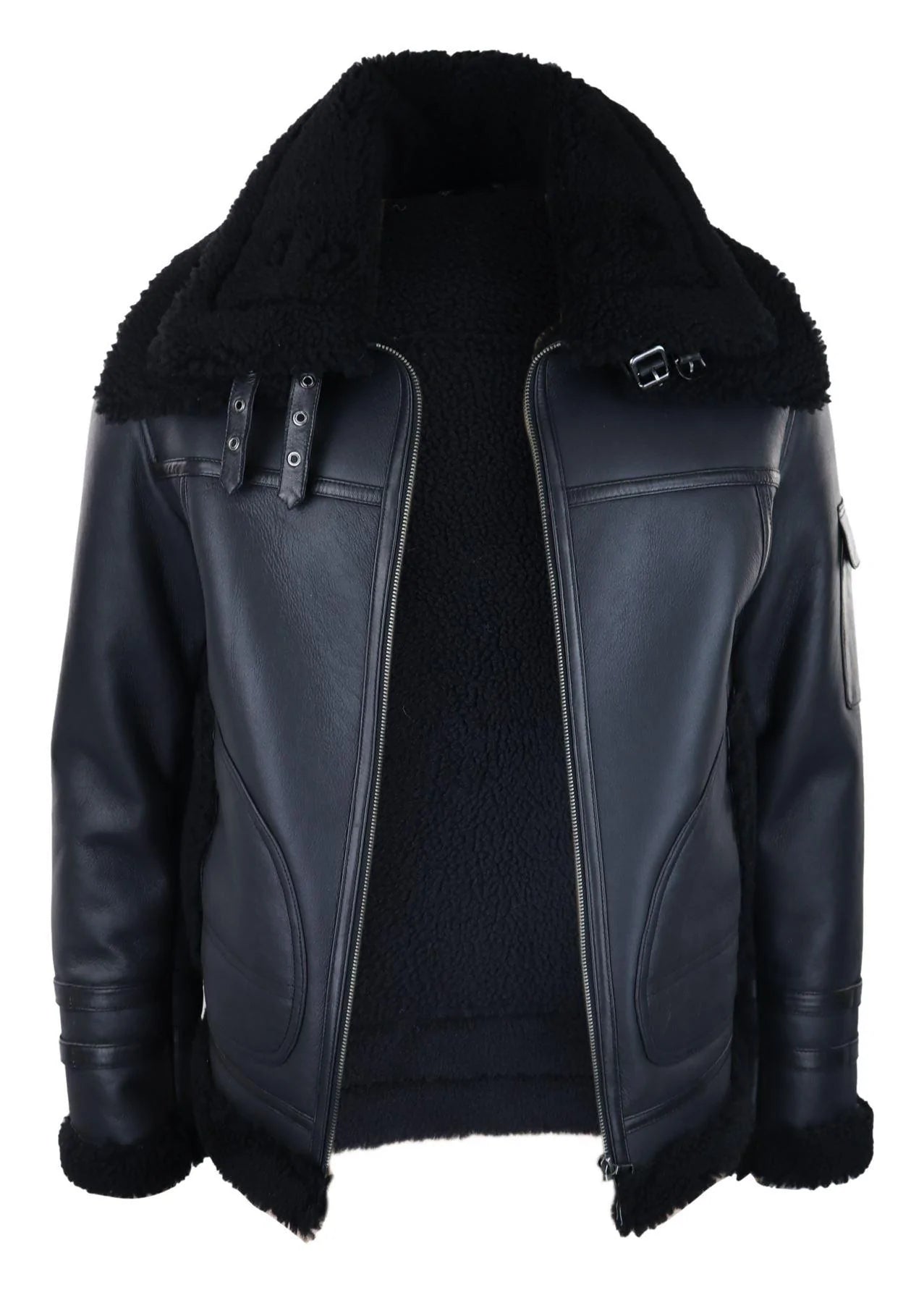 Mens Shearling Sheepskin Coat Zipped Flying Jacket Black Winter Warm Fur