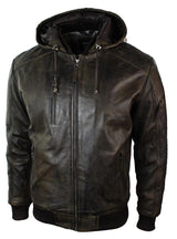 Mens Brown Washed Distressed Removable Hood Bomber Leather Jacket Quilted