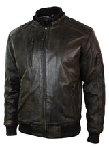Mens Brown Washed Distressed Removable Hood Bomber Leather Jacket Quilted