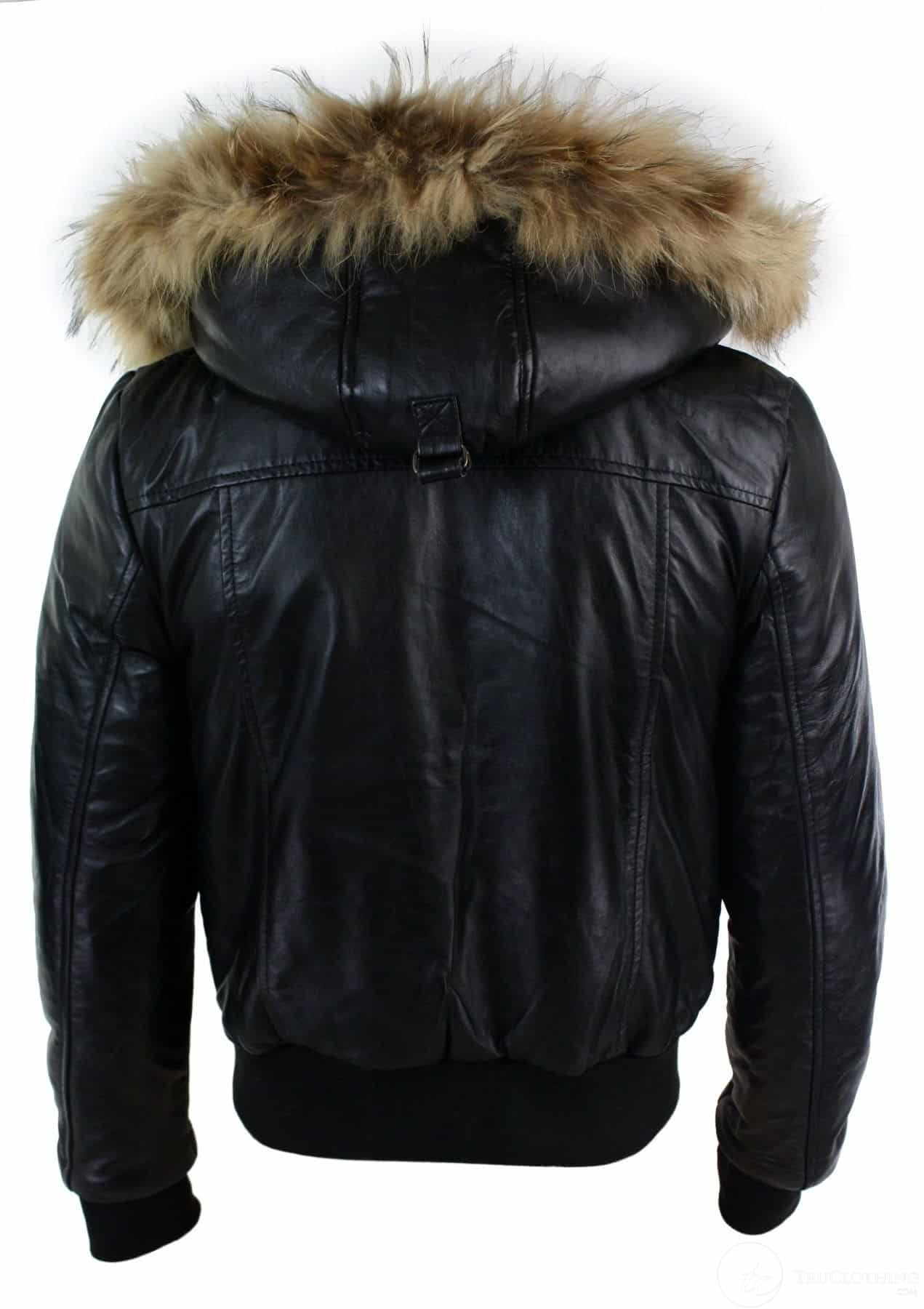 Mens Real Fur Hood Bomber Leather Jacket Black Puffer Padded-Black