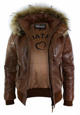 Mens Real Fur Hood Bomber Leather Jacket Black Puffer Padded-Tan