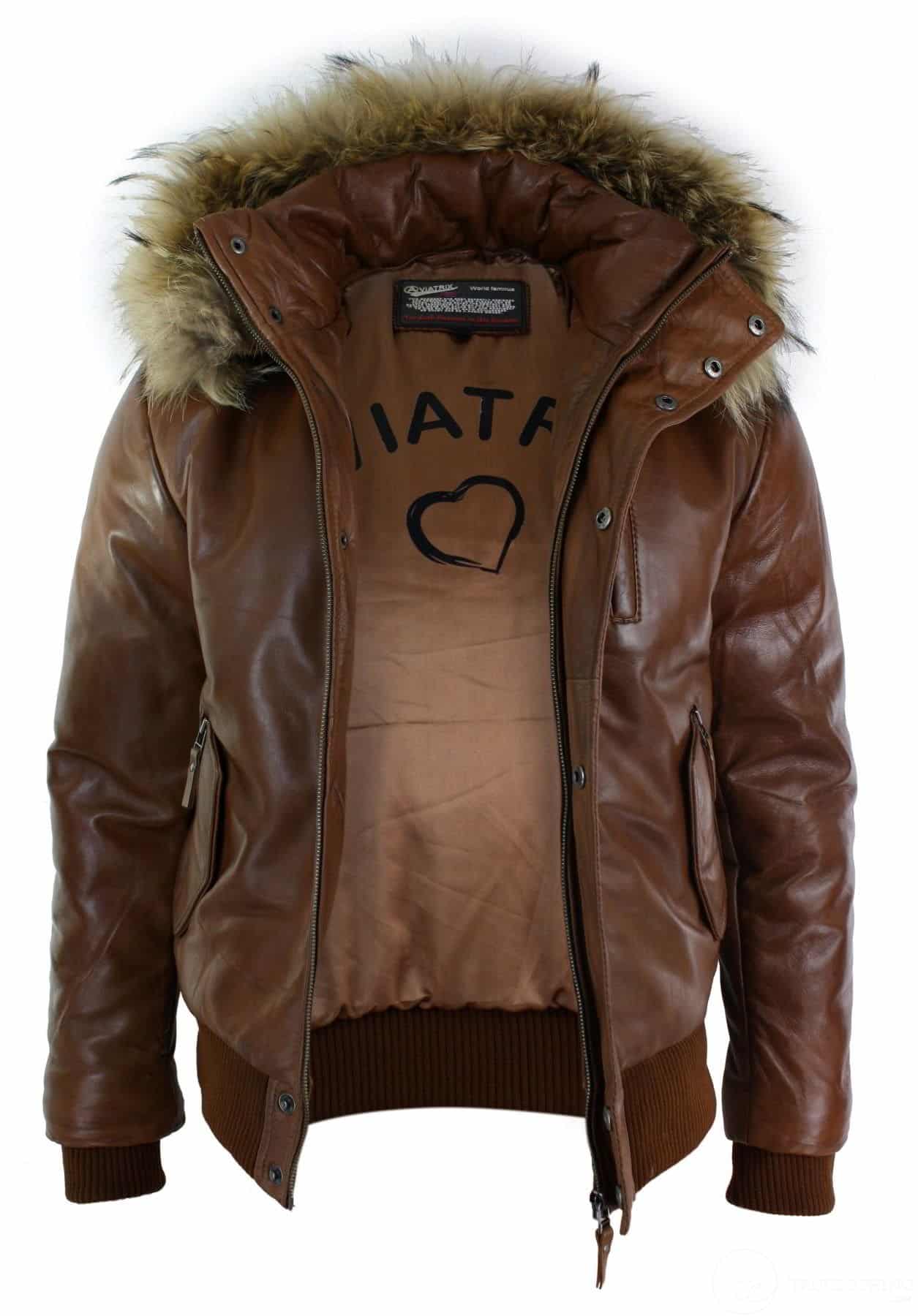 Mens Real Fur Hood Bomber Leather Jacket Black Puffer Padded-Tan