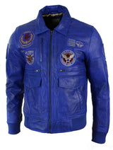 Mens Real Leather Black Bomber Badge Air Force Pilot Flying Jacket-Blue