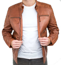 Real Leather Slim Fit Tan Brown Washed Vintage Mens Jacket Zipped Casual