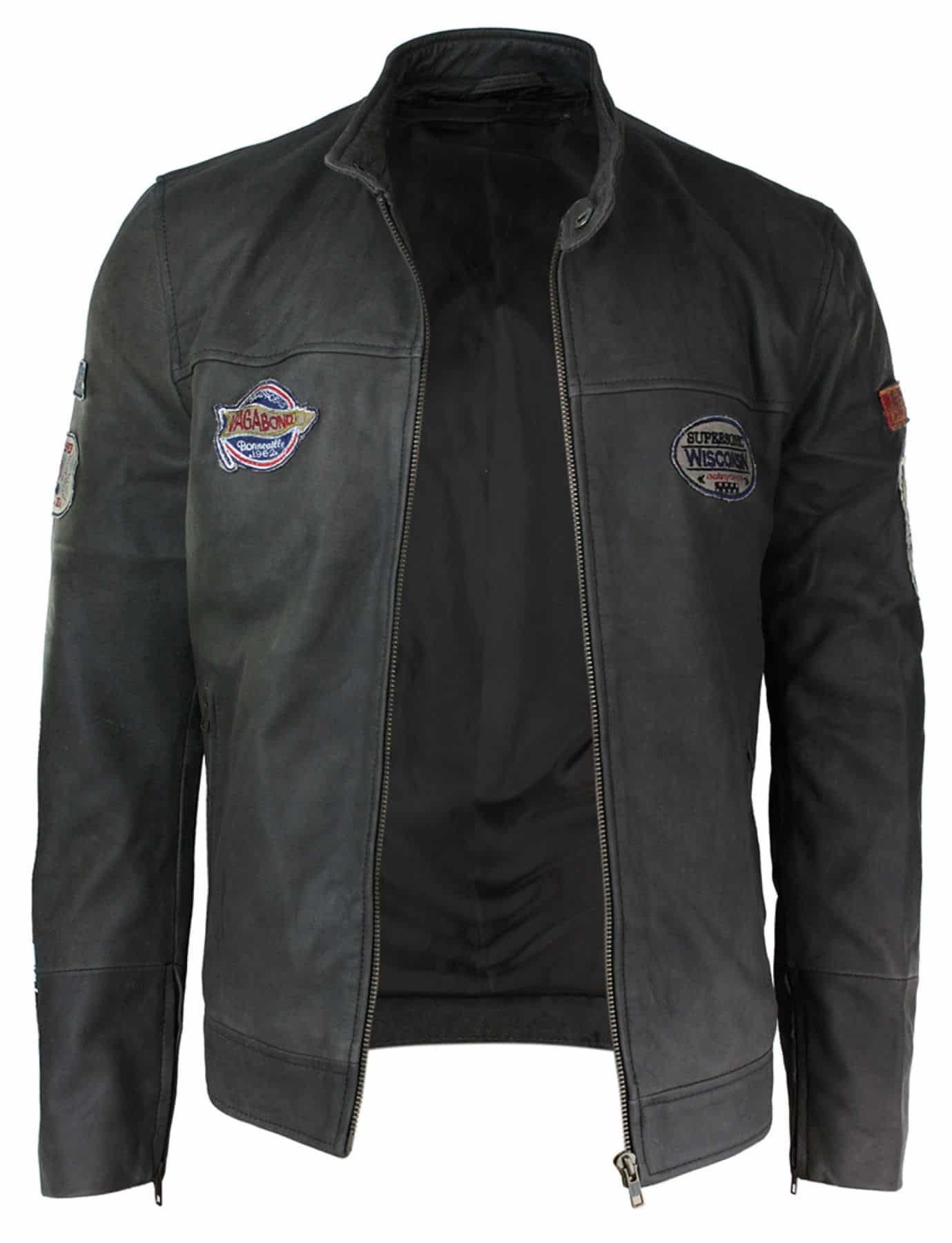 Real Leather Vintage Brown Racer Badge Mens Biker Jacket Washed Distressed Slim Fit