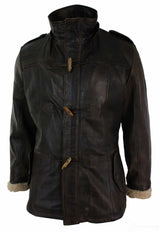 Mens Real Leather Hood Duffle Safari Jacket Long 3/4 Fur Washed Timber Brown Tan-Brown