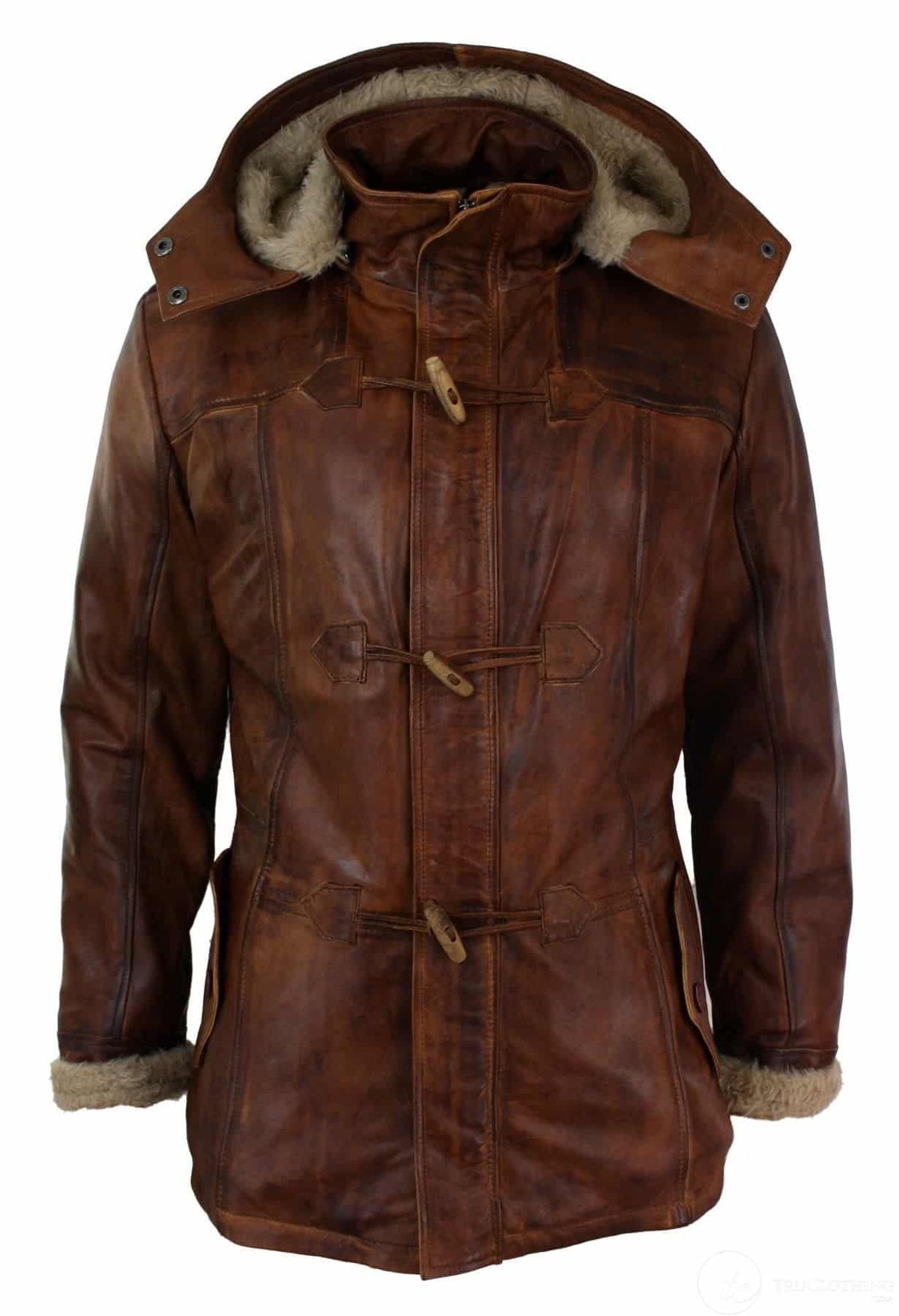 Mens Real Leather Hood Duffle Safari Jacket Long 3/4 Fur Washed Timber Brown Tan-Nevada Timber