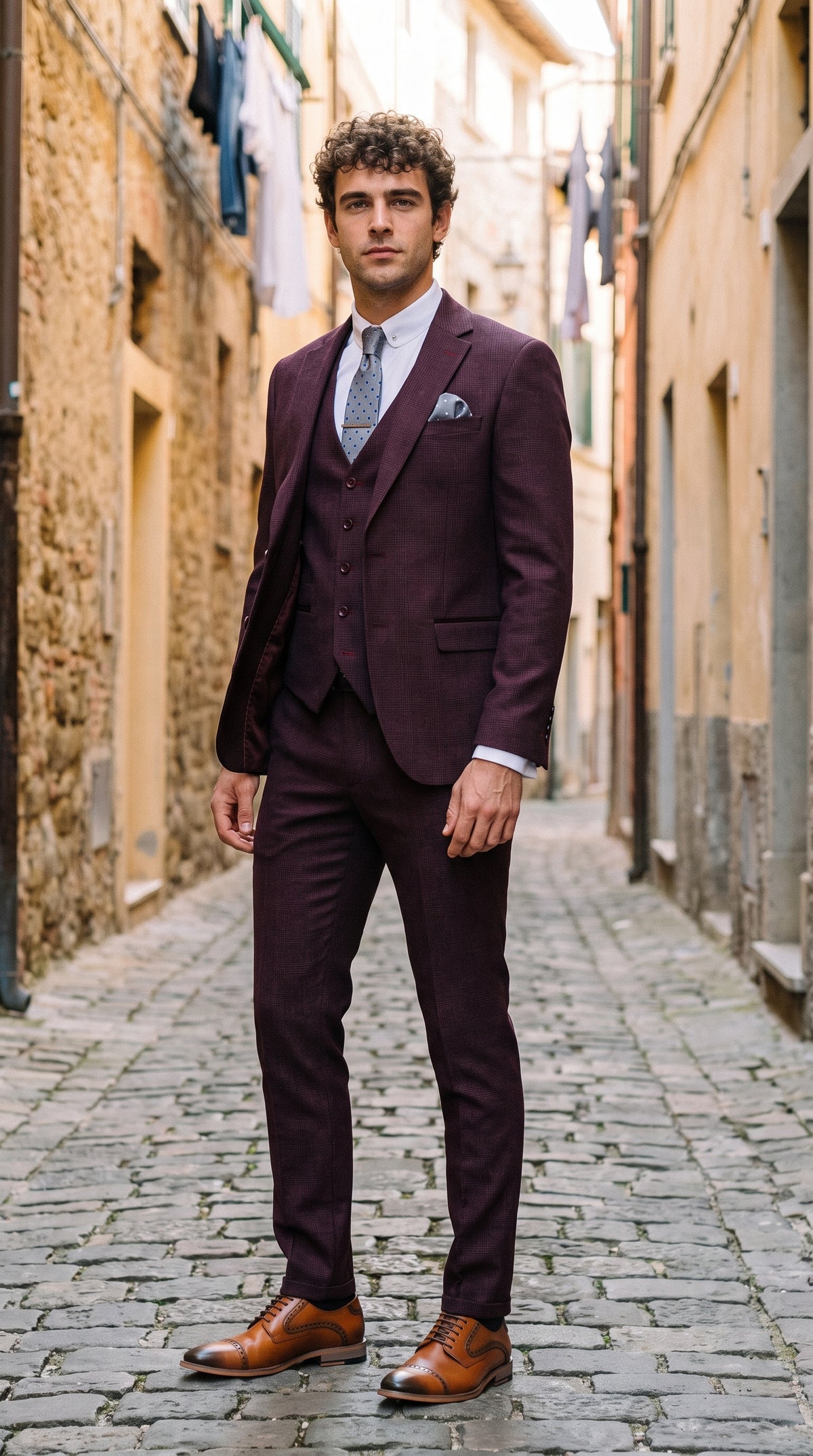 Look #310 styled with Regent - Herrevinrødt 3-delt Prince of Wales ternet jakkesæt
