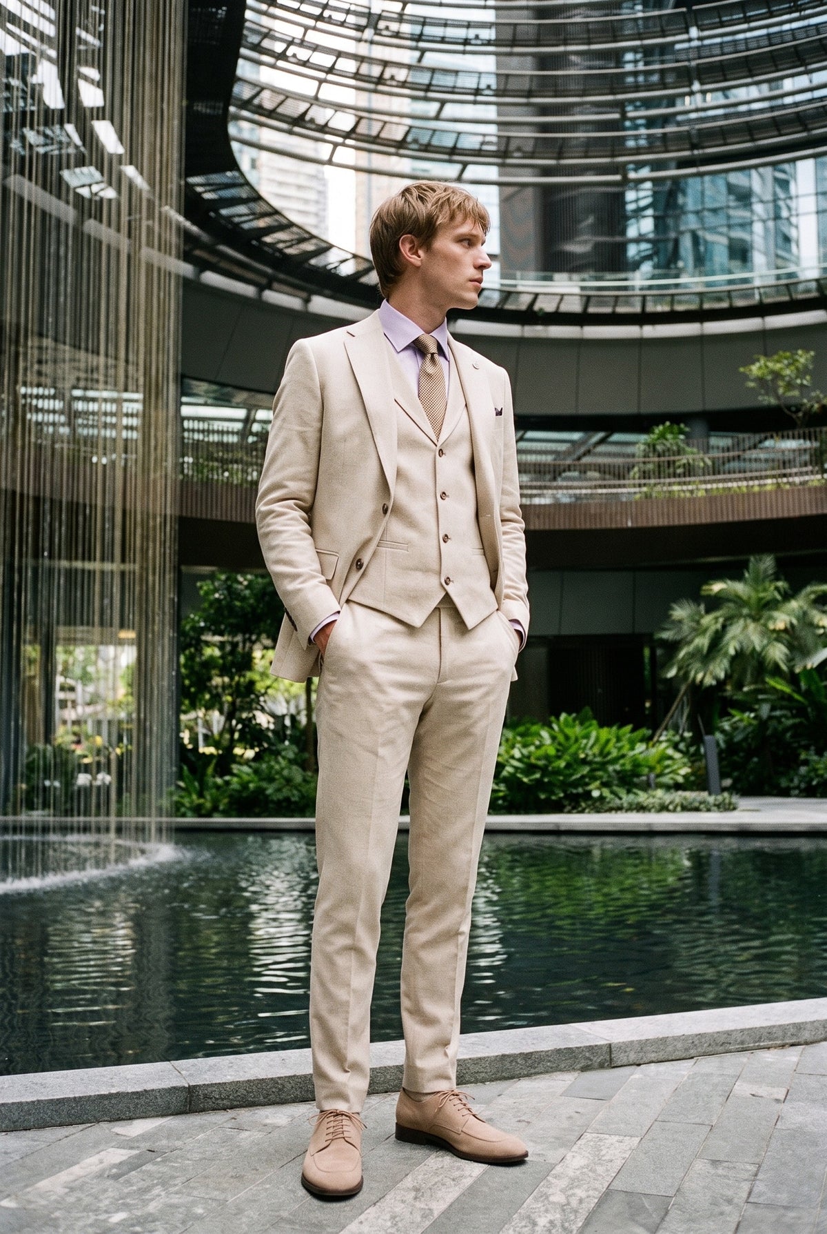 Look #948 styled with TP-21 Herre Beige 3-delt Sommerbryllupsdragt i Hør