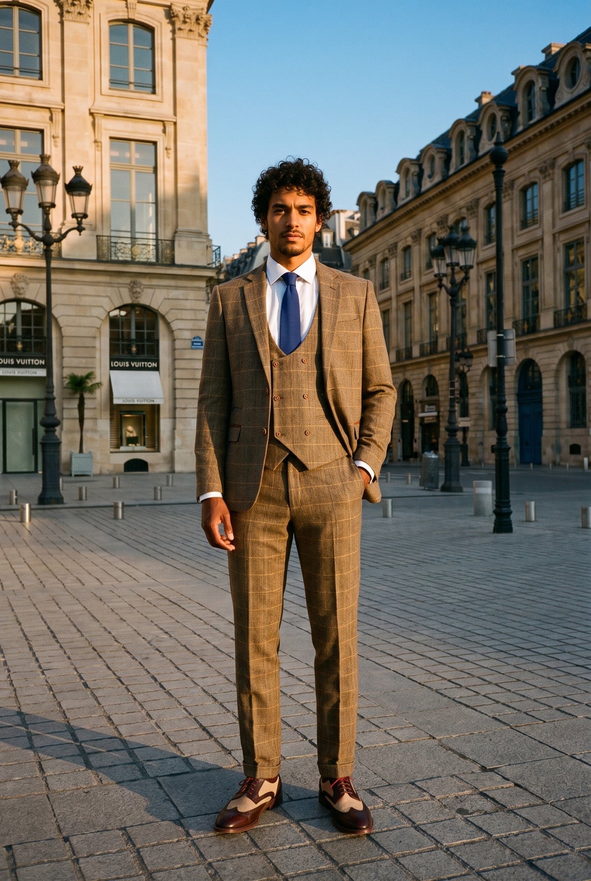 Look #983 styled with Herre 3-delt sildebensmønster i tweed med brunt ternet jakkesæt, skræddersyet pasform, dobbelt klassisk
