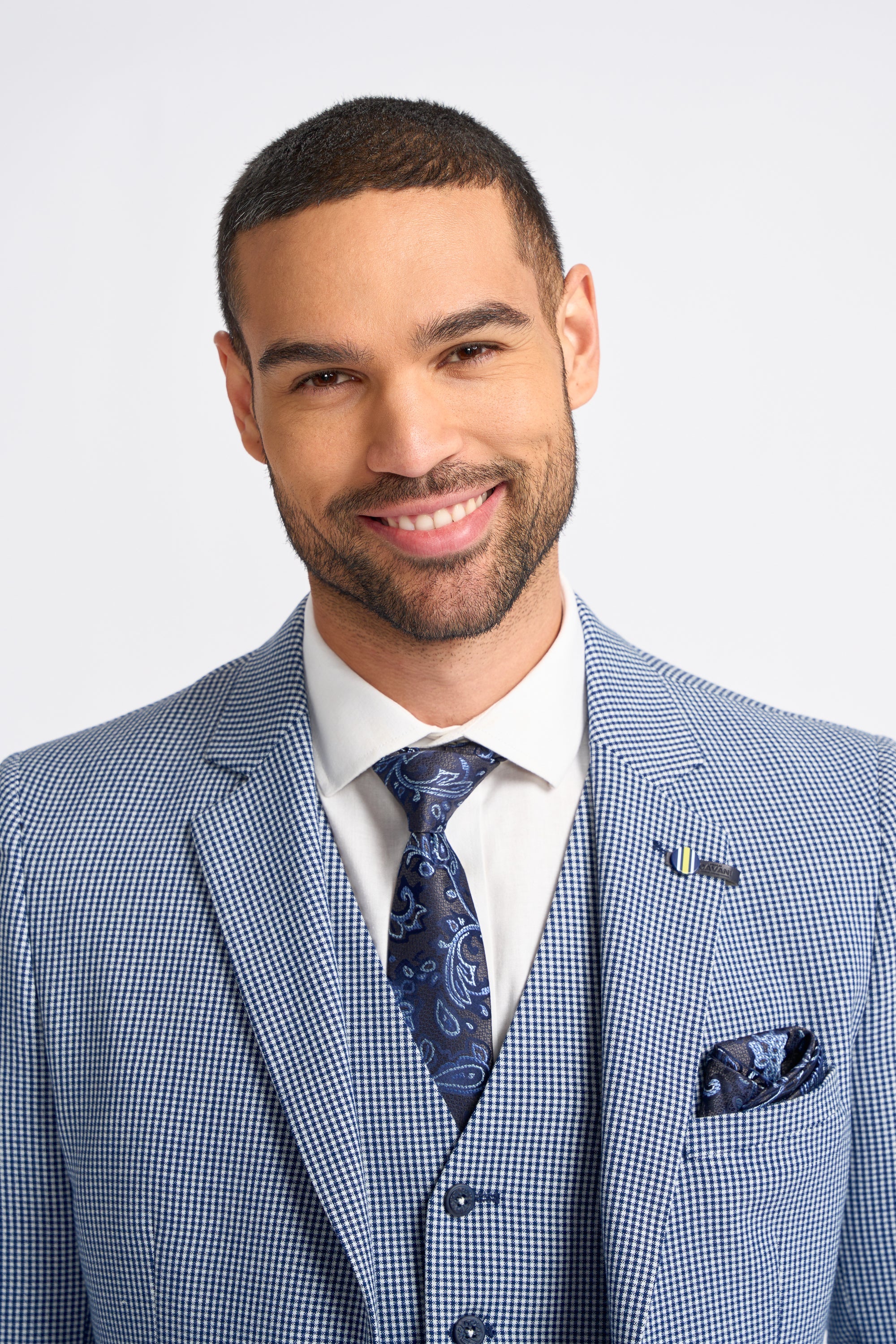 Baresi Herre 3-delt grå og marineblå kontrasterende klassisk sommerjakkesæt med ternet mønster