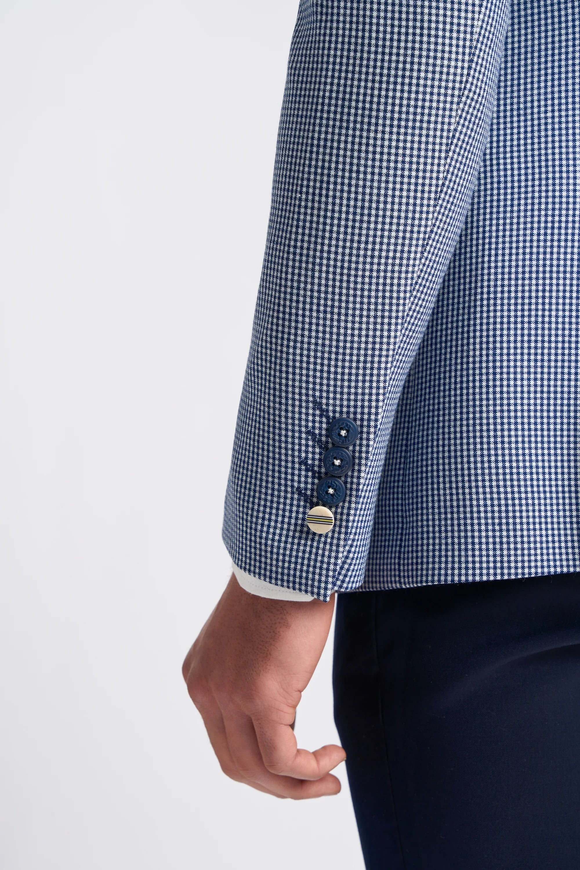 Baresi Herre 3-delt grå og marineblå kontrasterende klassisk sommerjakkesæt med ternet mønster