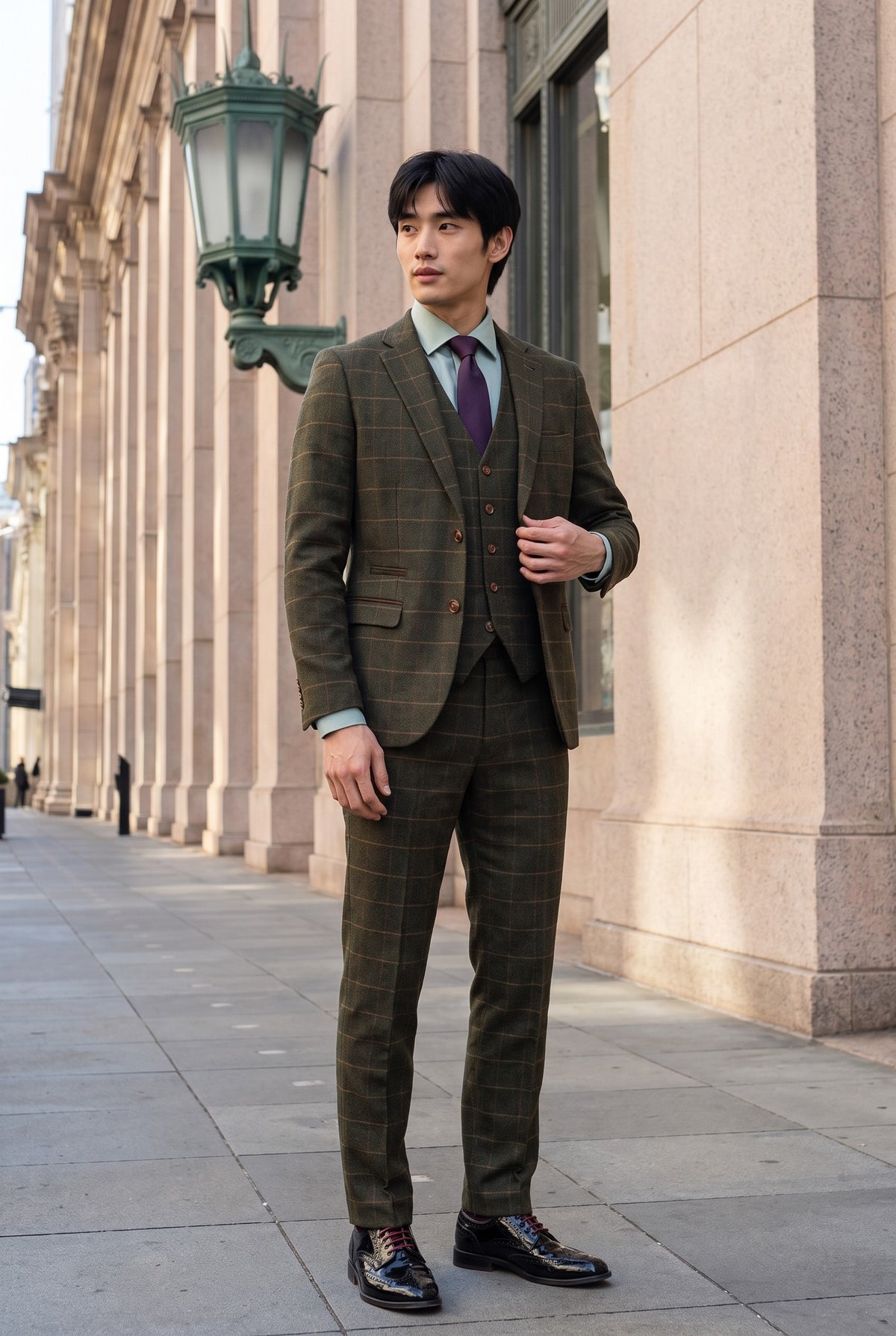 Look #509 styled with Harris - Grønt 3-delt jakkesæt i uldblanding med tweed til mænd