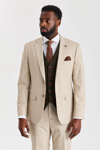 Belmont beige jakkesæt med Harrisgrøn tweedvest