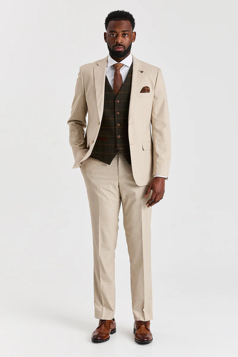 Belmont beige jakkesæt med Harrisgrøn tweedvest