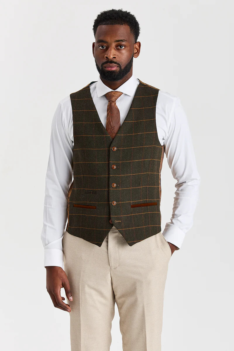 Belmont beige jakkesæt med Harrisgrøn tweedvest