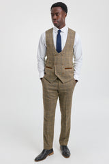 Herre 3-delt sildebensmønster i tweed med brunt ternet jakkesæt, skræddersyet pasform, dobbelt klassisk
