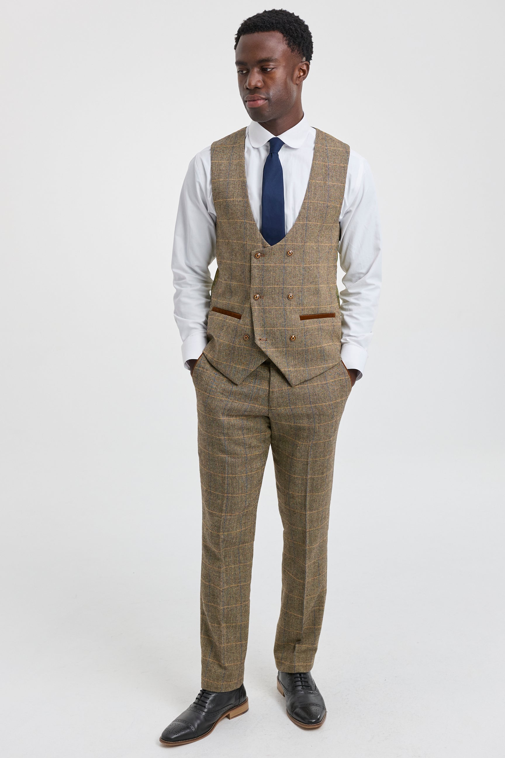 Herre 3-delt sildebensmønster i tweed med brunt ternet jakkesæt, skræddersyet pasform, dobbelt klassisk