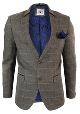Mens Herringbone Tweed Marc Darcy Tan Brown Slim Fit 2 Button Blazer Check Jacket