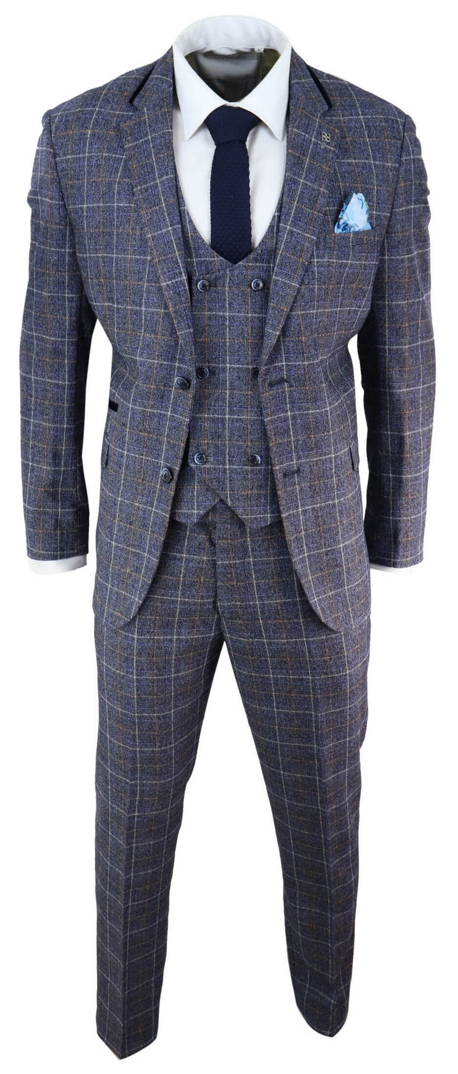 Mens Blue Tweed Check 3 Piece Suit