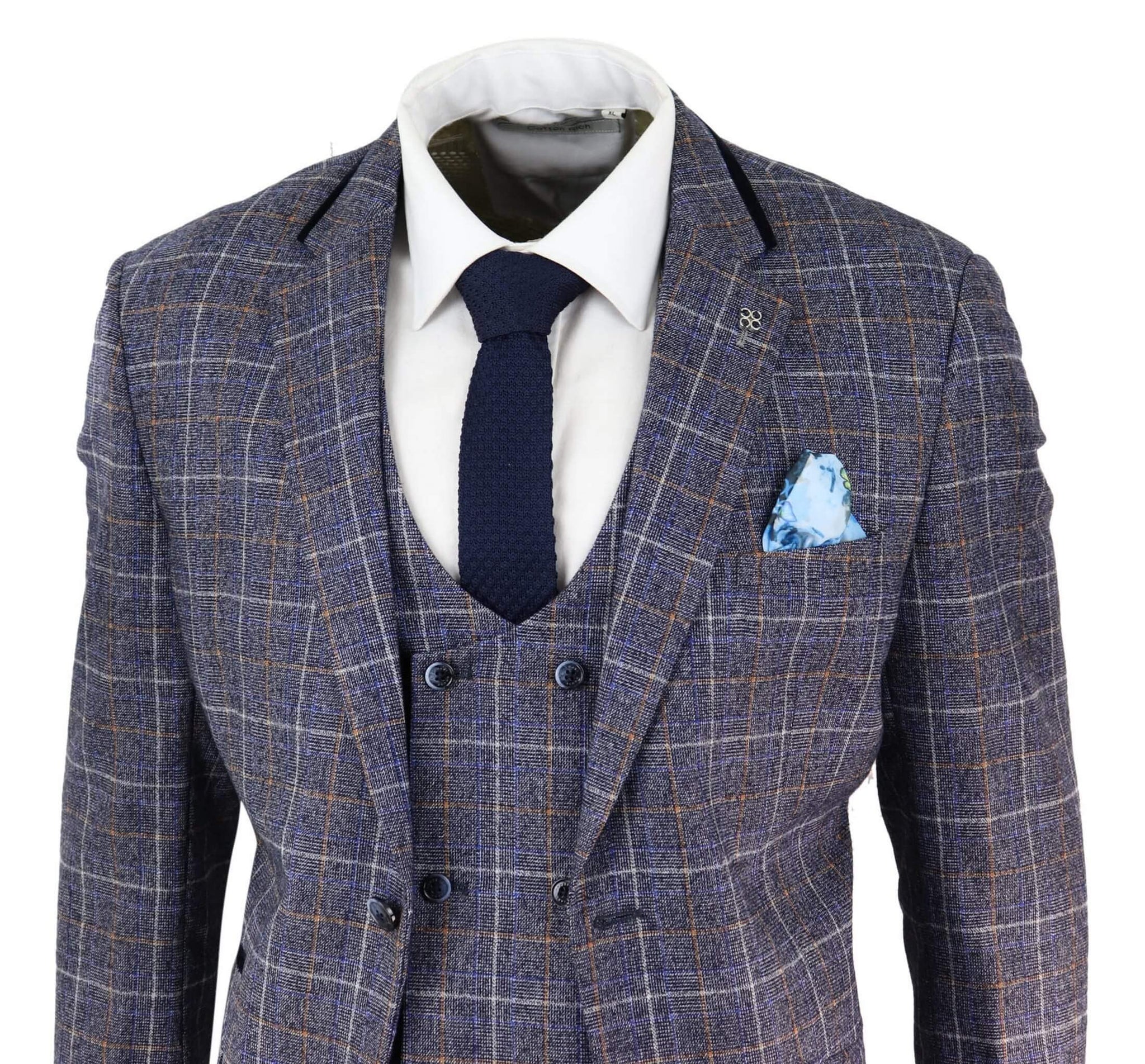 Mens Blue Tweed Check 3 Piece Suit