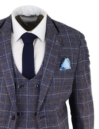 Mens Blue Tweed Check 3 Piece Suit