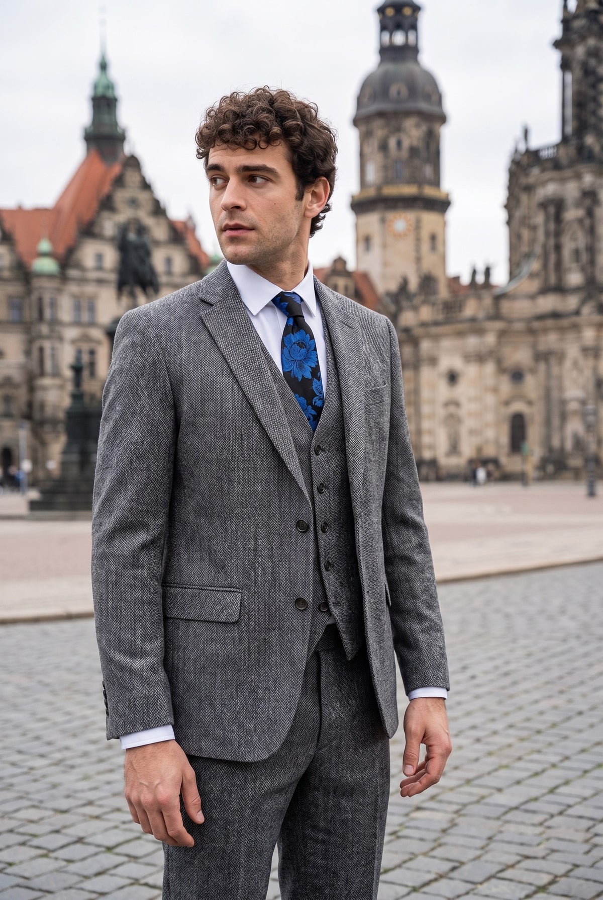 Look #974 styled with IM41 - Grå 3-delt sildebensmønster i tweed til mænd
