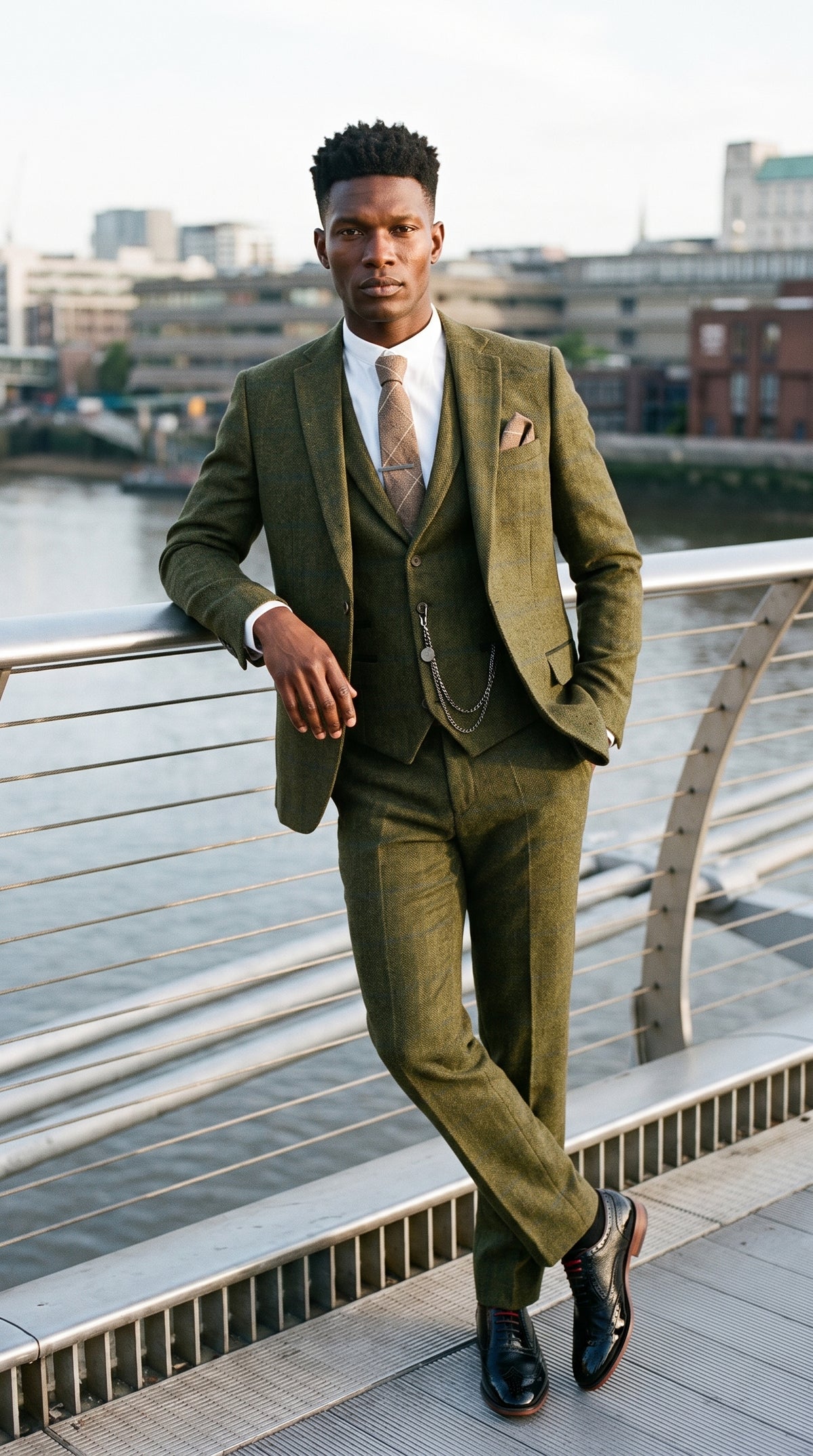 Look #715 styled with Herre 3-delt jakkesæt i uld, tweed, grøn, blå, brun, tern, 1920'er, Gatsby