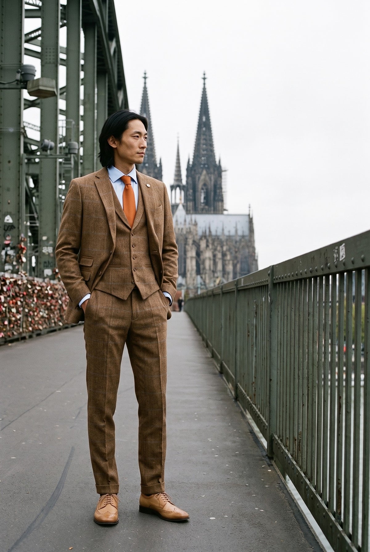 Look #982 styled with Herre 3-delt jakkesæt i uld, tweed, sildebensmønster, brun, blå, tern, 1920'er Gatsby