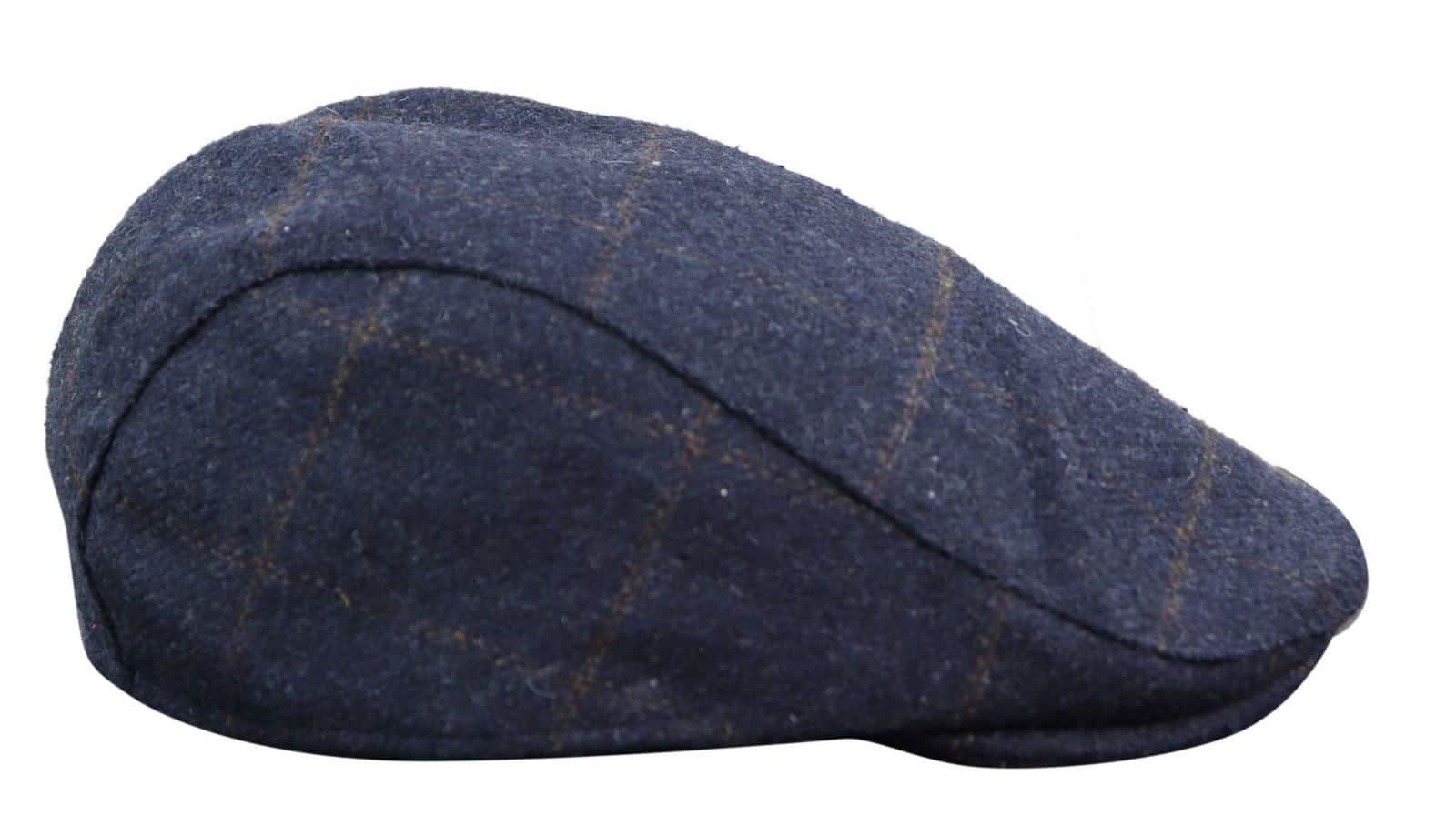 Cavani Kempson Flat Cap - Mens Tweed Wool Check Grandad Hat Vintage - Olive Green/Navy Blue