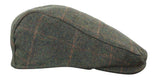 Cavani Kempson Flat Cap - Mens Tweed Wool Check Grandad Hat Vintage - Olive Green/Navy Blue