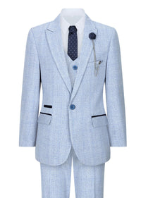 Boys 3 Piece Check Suit Tweed Light Blue Tailored Fit Wedding Peaky Classic