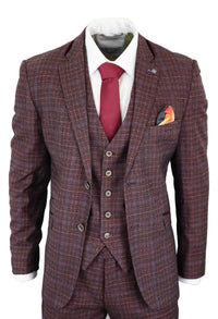Cavani Carly - Men's 3 Piece Tweed Check Burgundy Suit