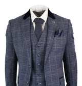 Cavani Miles - Mens Blue Navy 3 Piece Tweed Suit Herringbone Vintage Peaky Blinders 1920's Retro