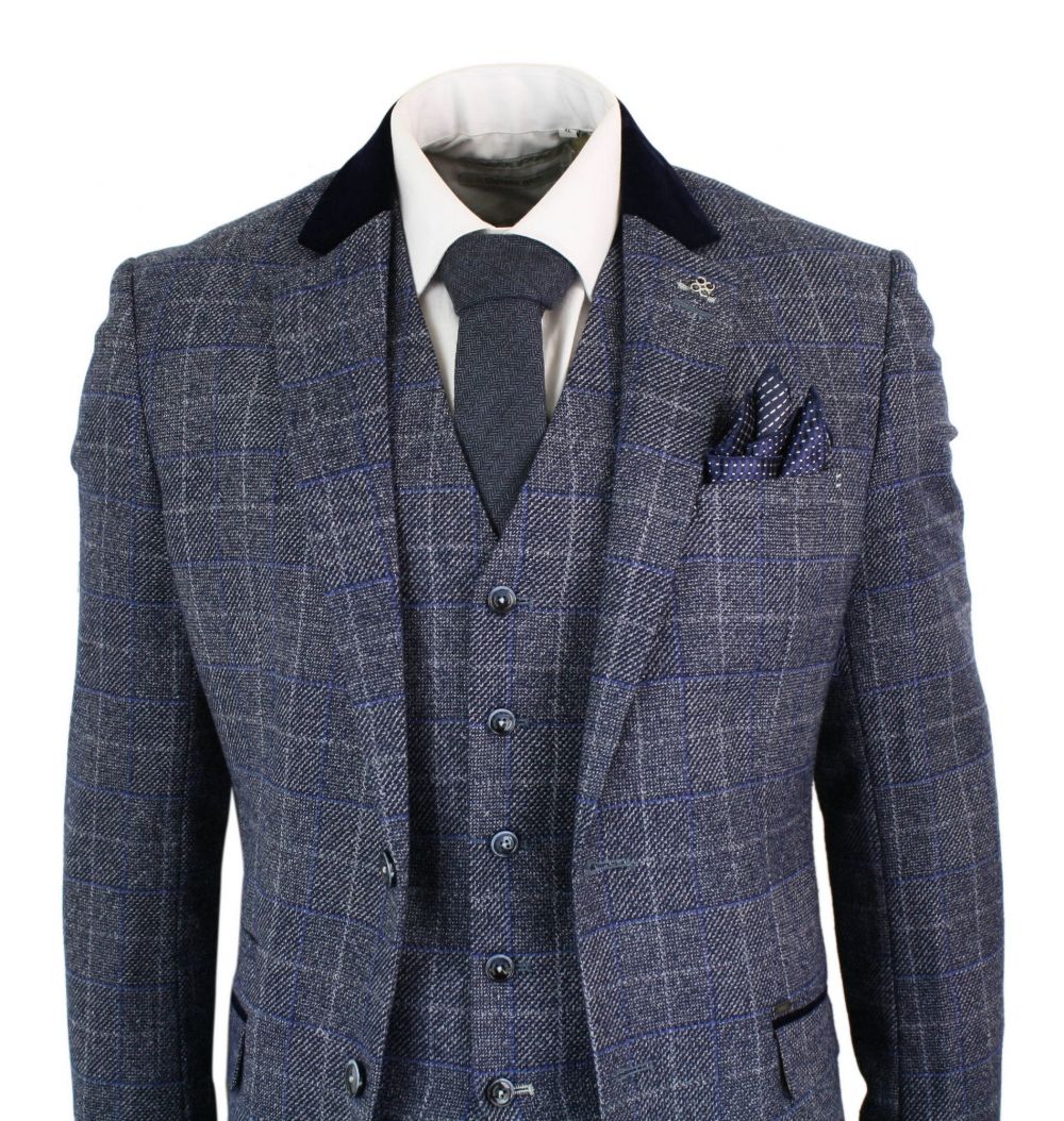 Cavani Miles - Mens Blue Navy 3 Piece Tweed Suit Herringbone Vintage Peaky Blinders 1920's Retro