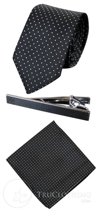 Cavani Satin Tie - Mens Matching Satin Silk Tie Hanky Hankerchief & Tie Clip Polka Dot Wedding Prom Office