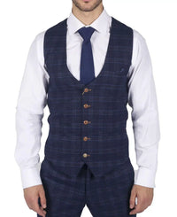 Mens Marc Darcy Blue Check Prince Of Wales Waistcoat Smart Casual Slim Fit Chigwell