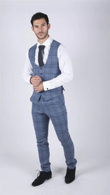 Mens Marc Darcy Light Blue Navy Check Waistcoat Smart Casual Tweed Slim Fit Clinton