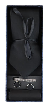 Satin Silk Black Tie Gift Set Pocket Square Cuff Links Tie Shiny Satin