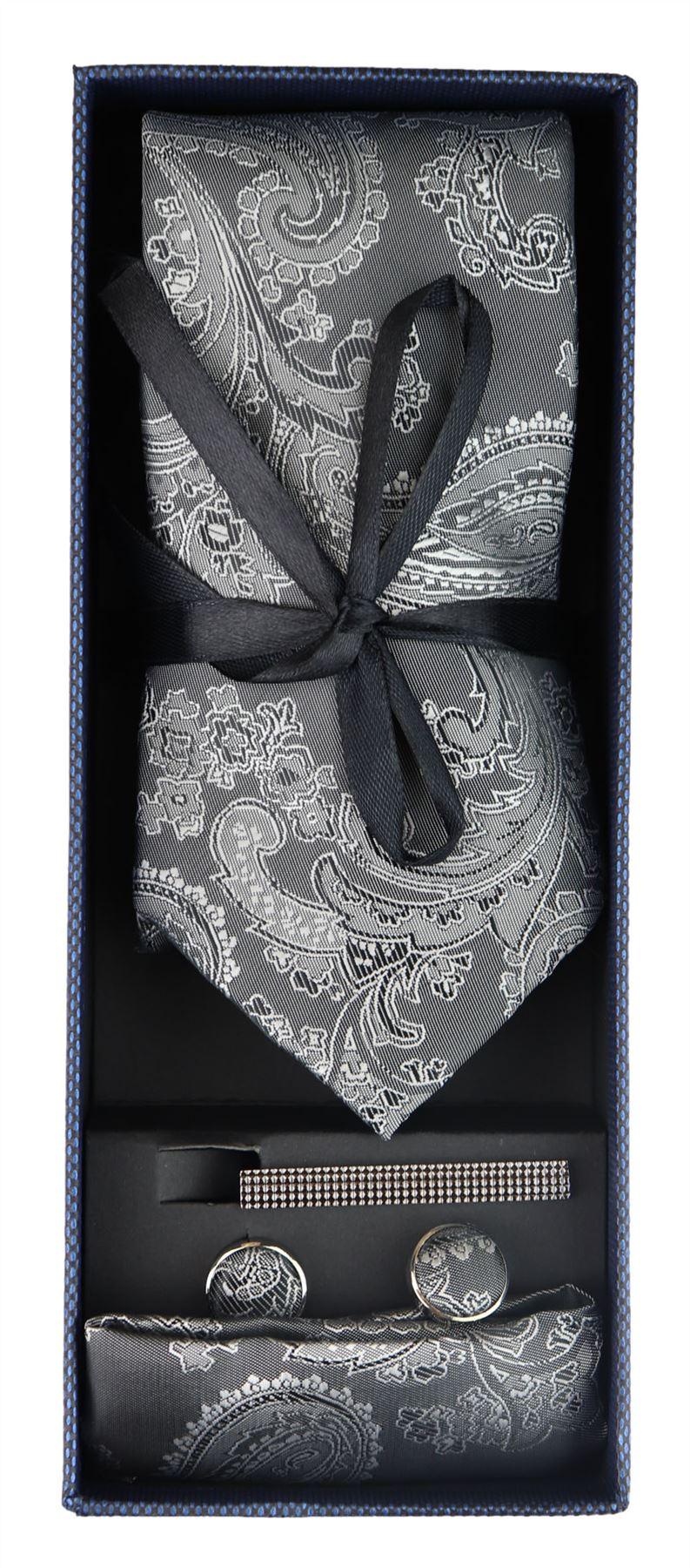 Paisley Neck Grey Tie Gift Set Pocket Square Cuff Links Tie Floral Satin