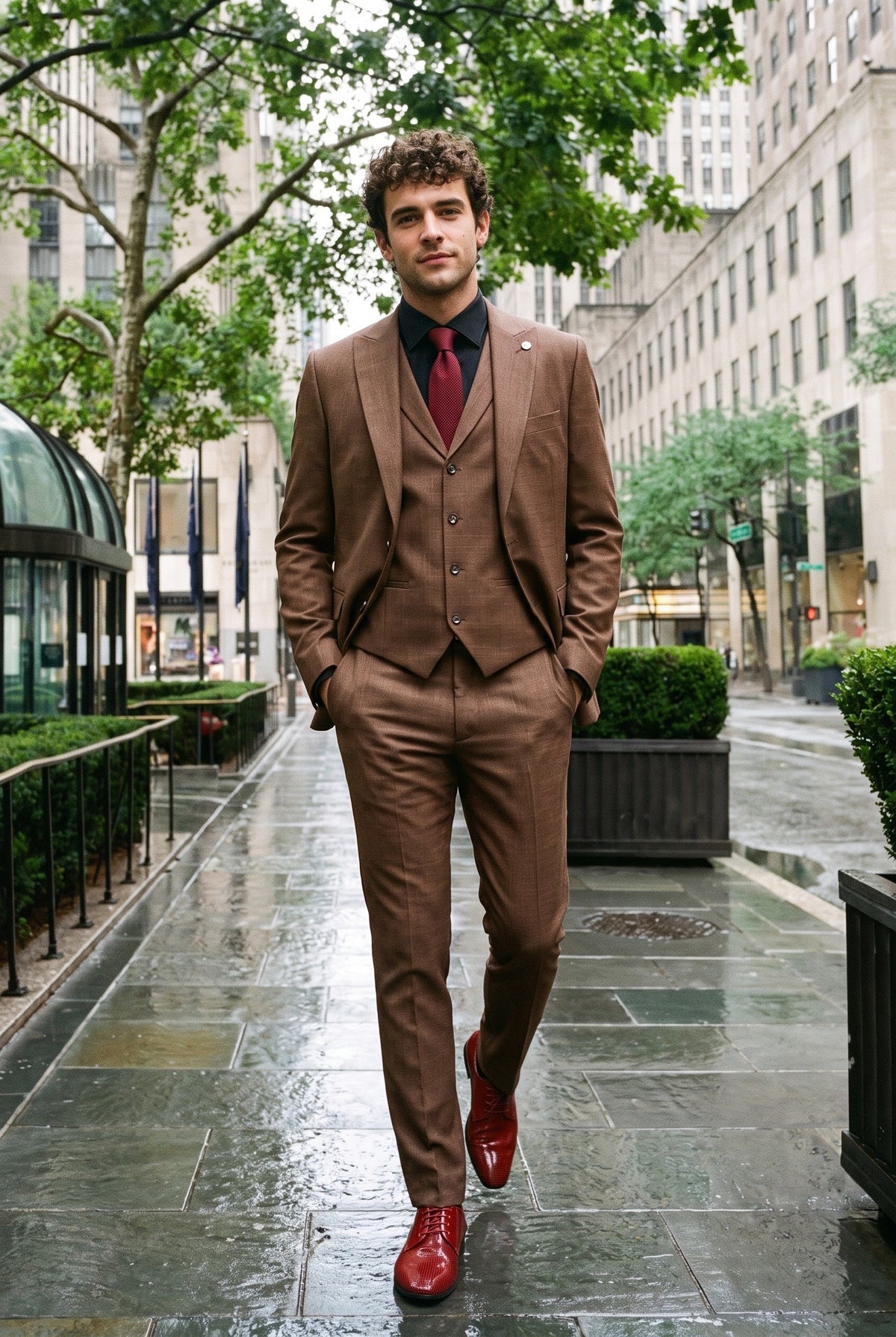 Look #284 styled with James Herre 3-delt Ensfarvet Brunt Habitat med Klassisk Pasform
