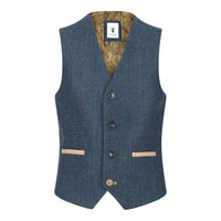 Boys Blue 3 Piece Herringbone Tweed Check Vintage Tailored Fit Suit